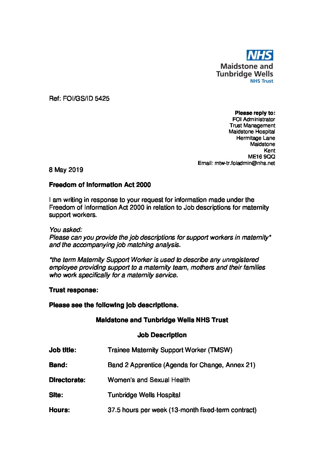 Download response Job descriptions for maternity support workers ...