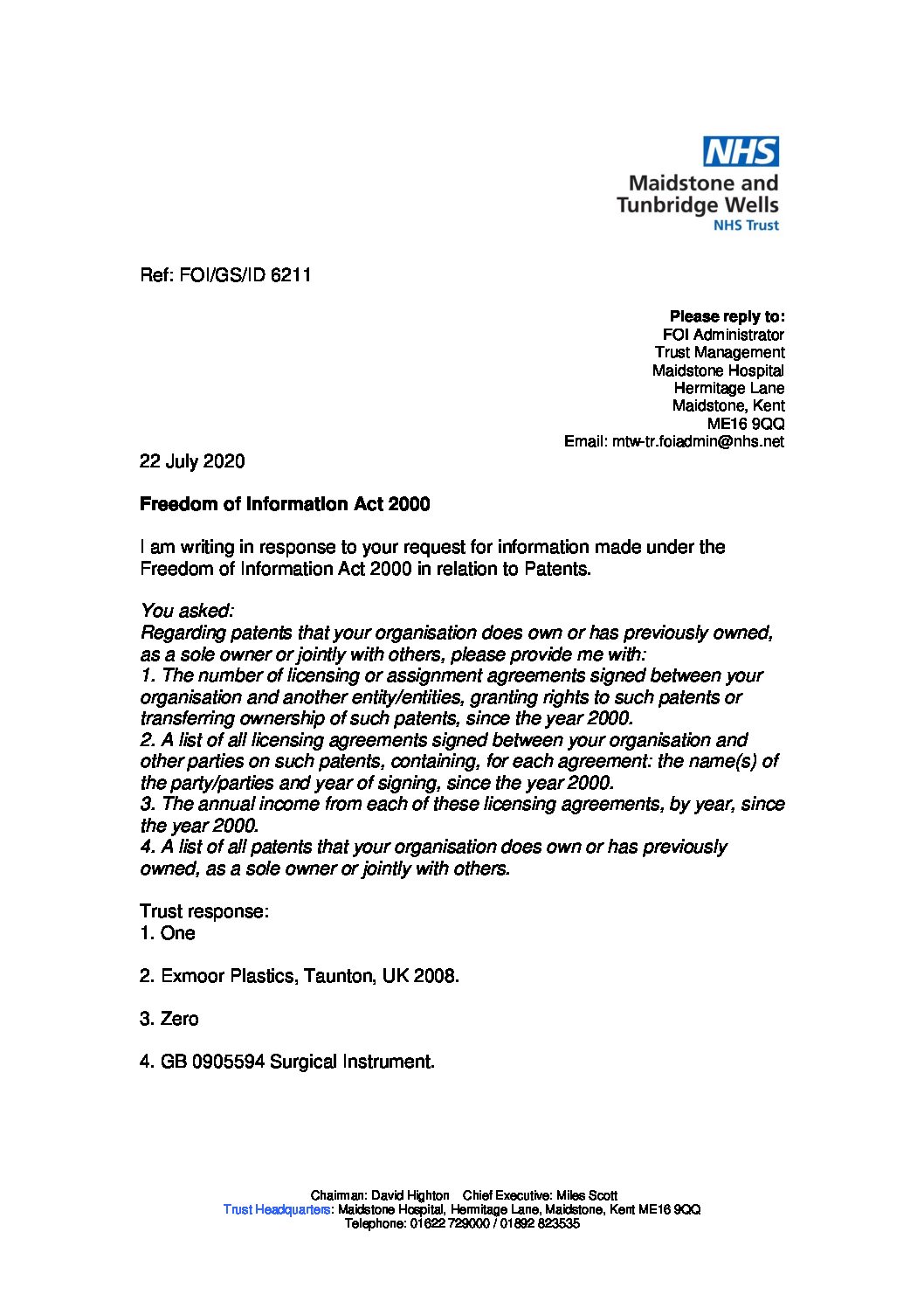 Download Response Patents 220720 Maidstone And Tunbridge Wells NHS Trust   Patents. 220720 Pdf 