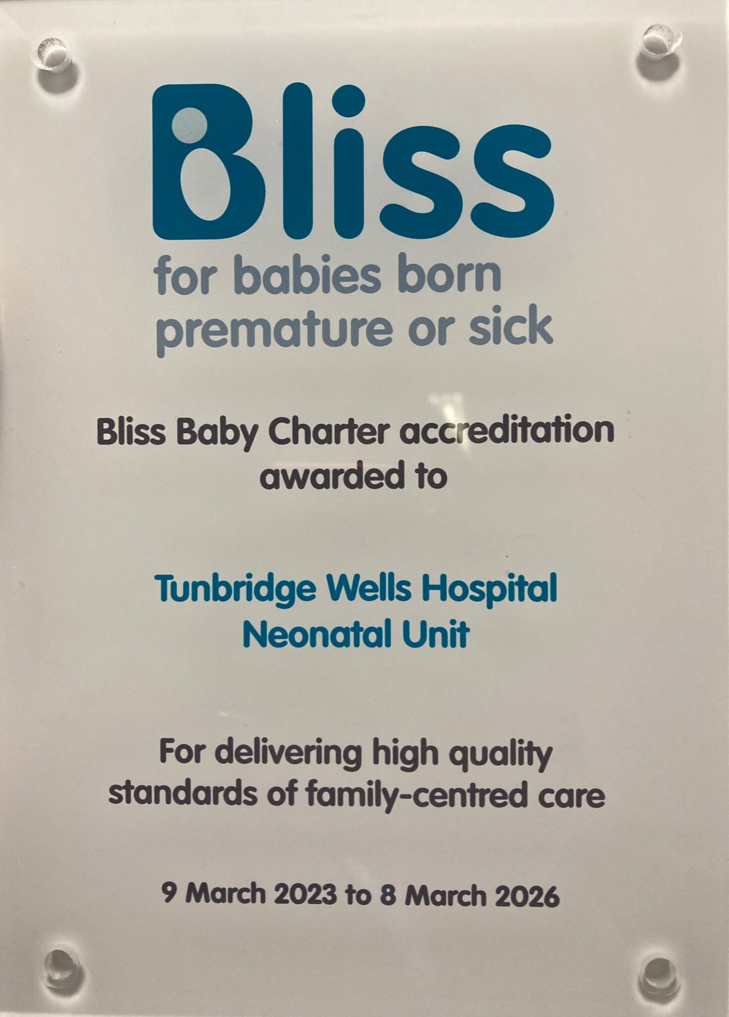 Platinum Bliss Baby Charter accreditation for Neonatal unit Maidstone
